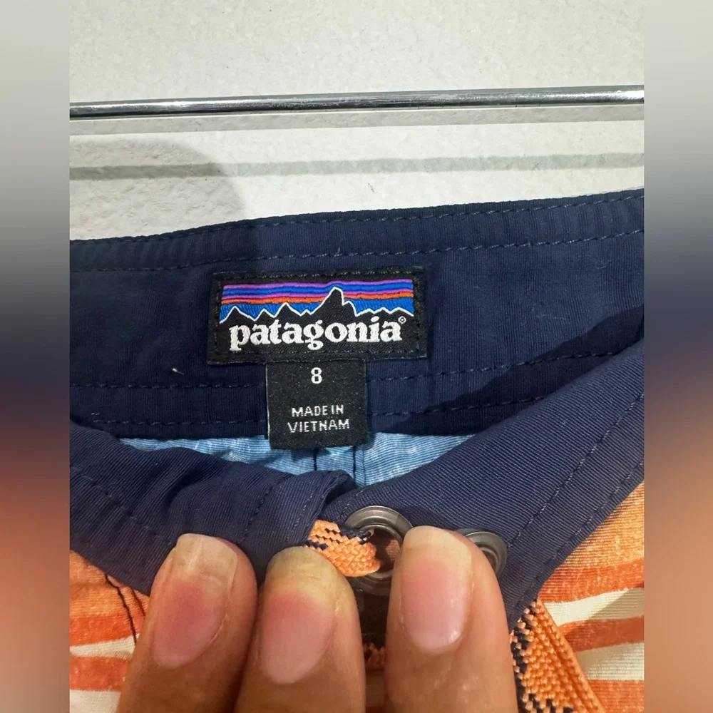 Patagonia Boys Size 8 Swim Trunks Board shorts Orange/ Blue Striped wavefarer
